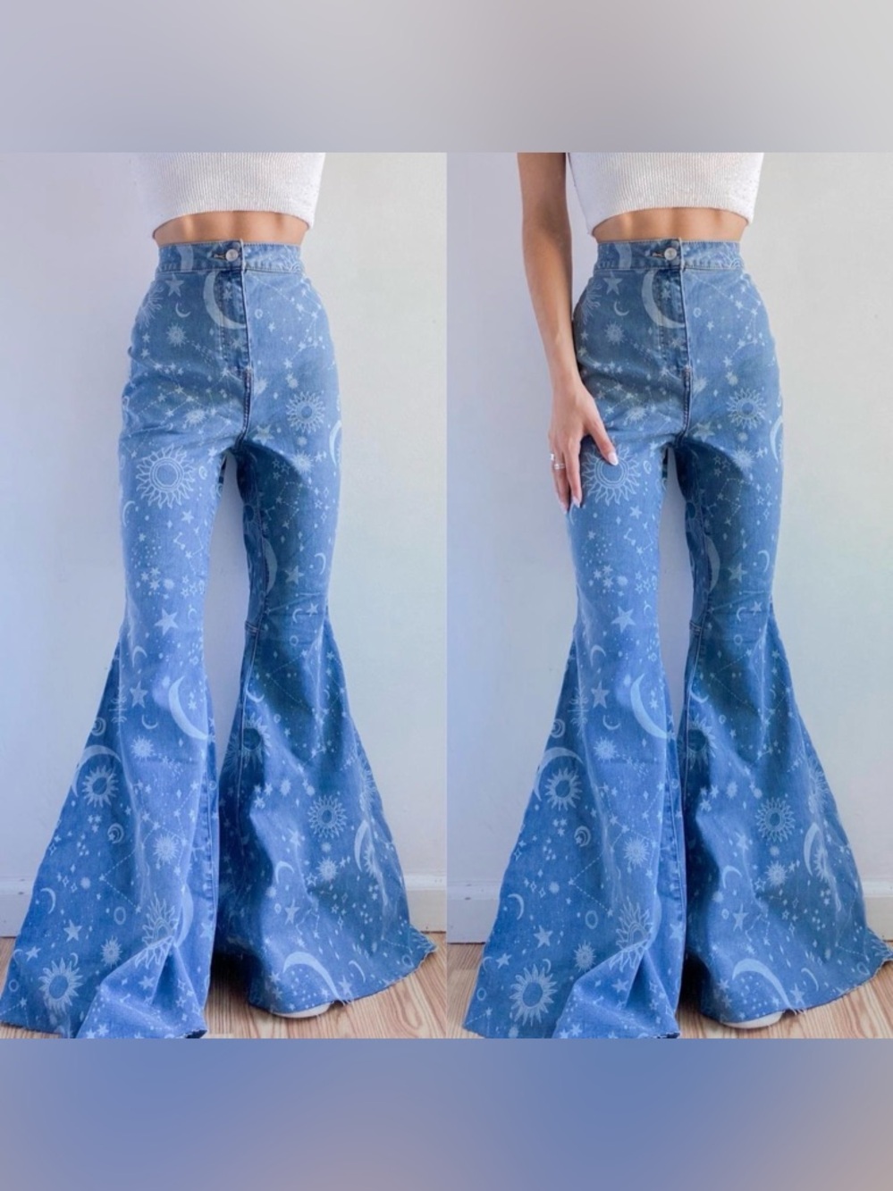 We The Free moon & star print flare bellbottom blue jeans high waisted